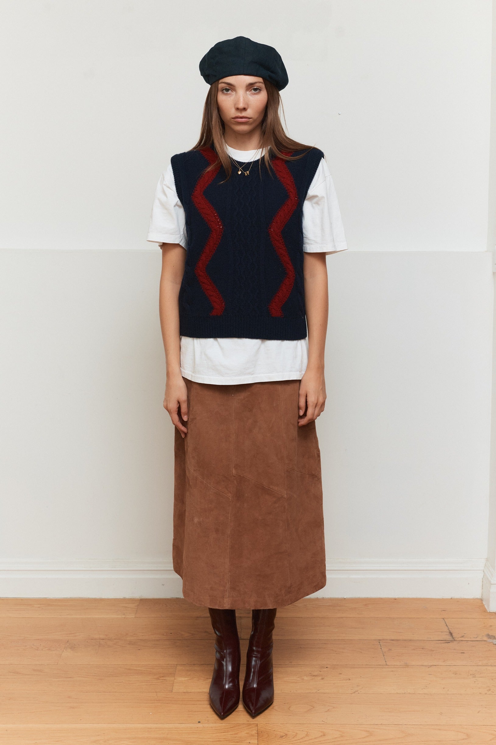 The Lovers Cognac Suede Midi Skirt